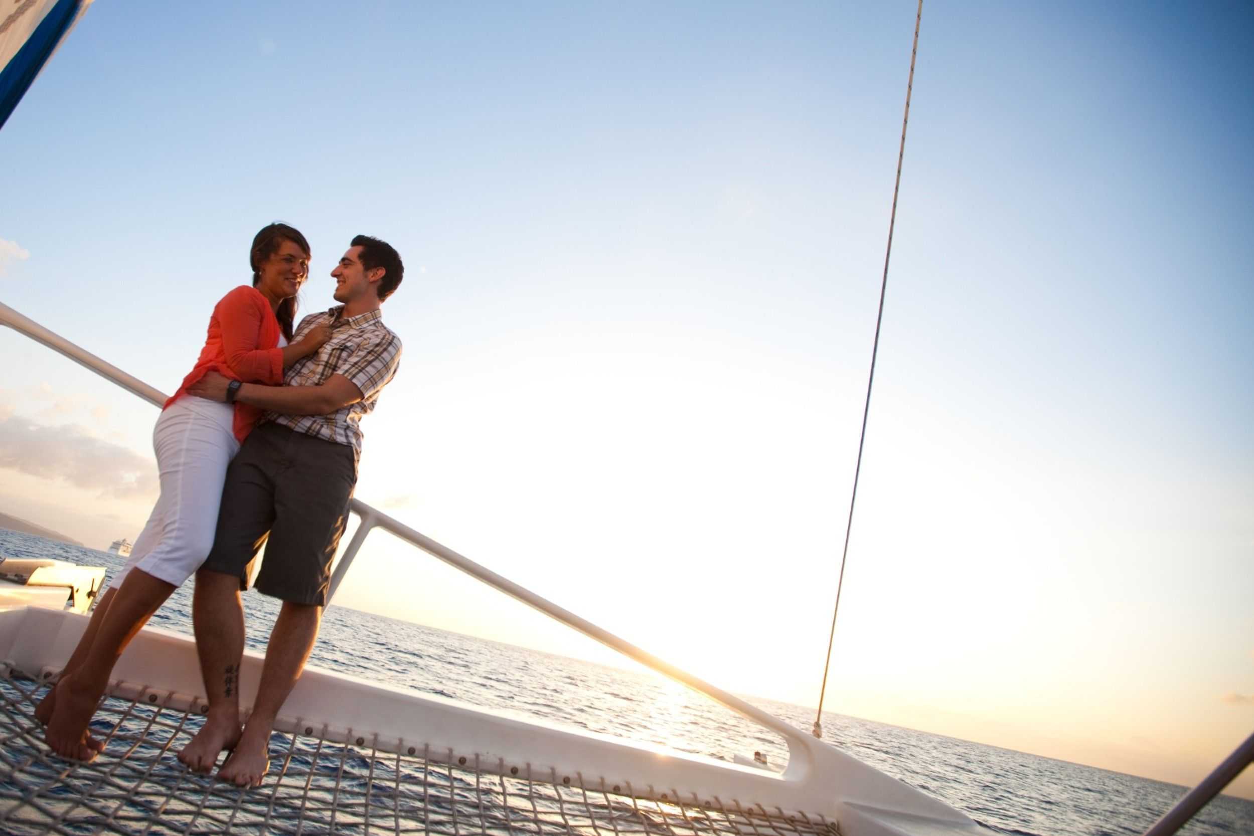 Spacious open deck and netted bow of an Antigua catamaran
