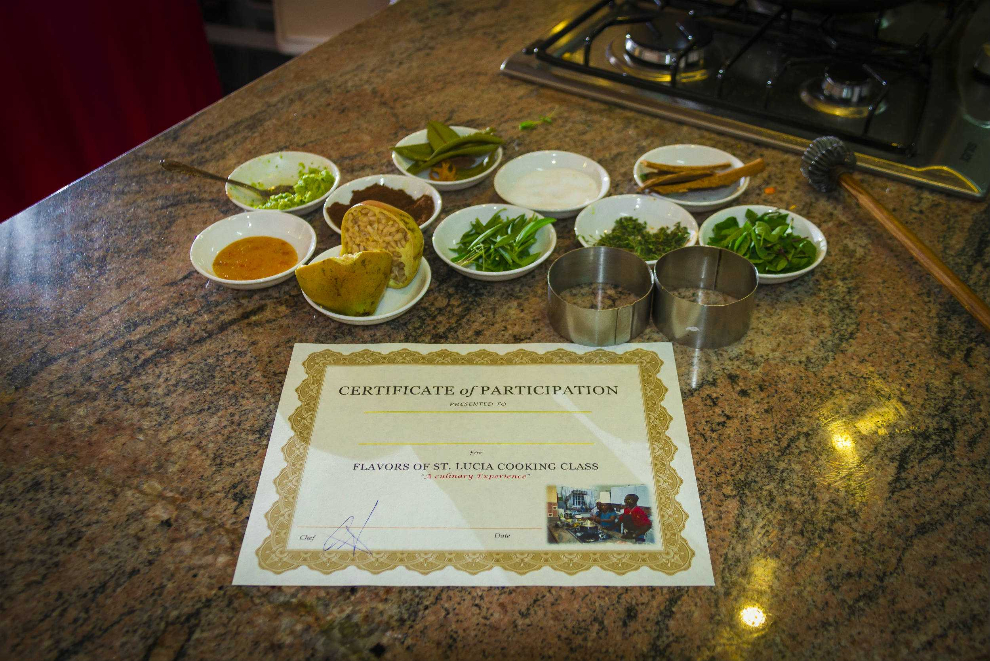 Bowls of herbs and seasonings prepared for a Caribbean cooking class
