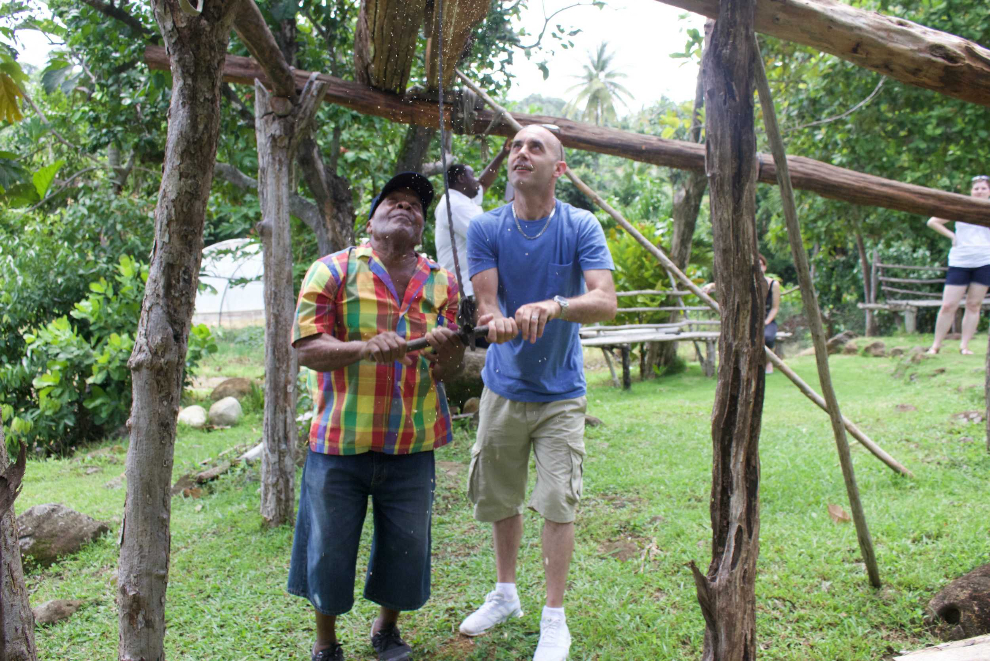 Local guide speaking with a visitor during an outdoor cultural tour
