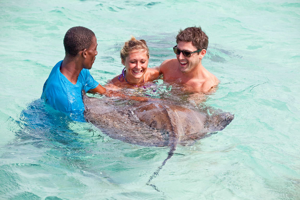 Guide helping two guests meet a stingray in shallow water